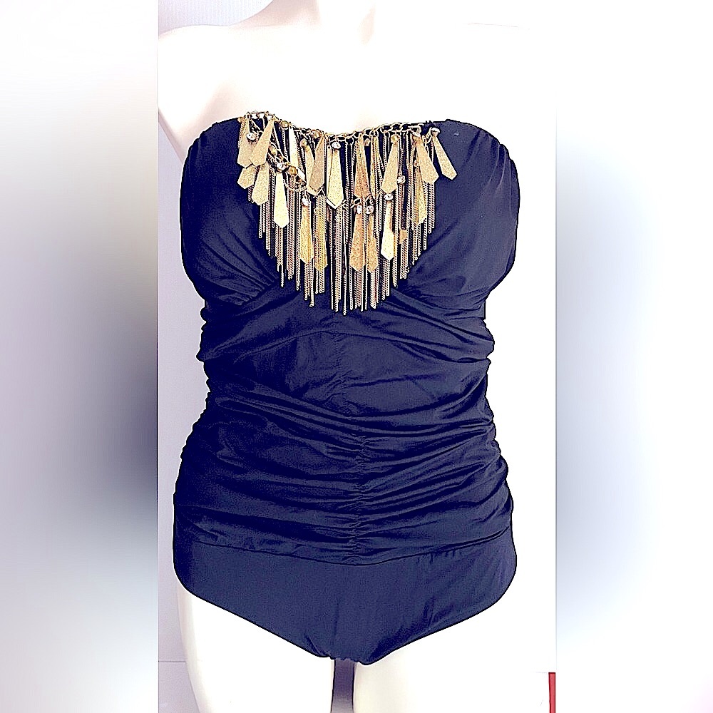 Badgley Mishka One Piece Gold Chain Bib Rhinestone Swimsuit